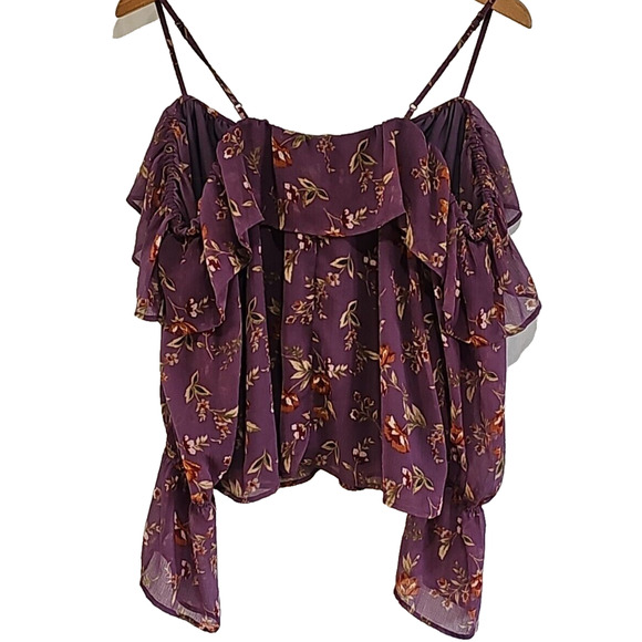 American Eagle Blouse Women's Small Purple Floral Cold Shoulder Stretch Y2K - Picture 6 of 8